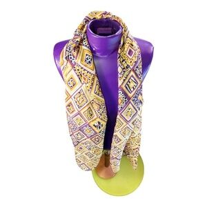 Albertazzi gold purple diamonds animal patterned Italian silk scarf 30.5 x 14”